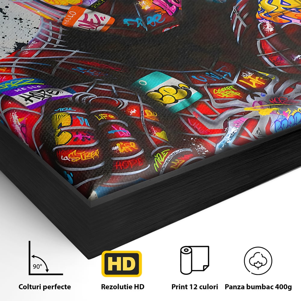 Detaliu al suprafetei: tablou canvas cu omul paianjen in stil grafitti, in rama de aluminiu negru